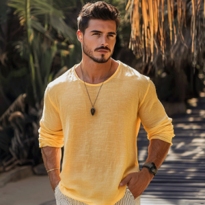 Men's Cotton-Linen Blend Casual T-Shirt - Loose Fit, Long Sleeve, Round Neck - Fast 24-Hour Shipping (MTA1461C1M)