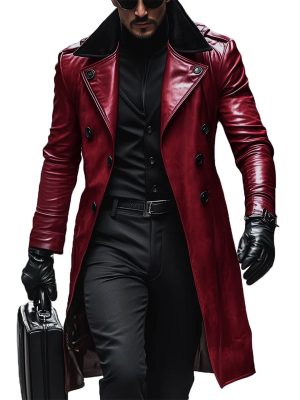 Vintage Double-Breasted Leather Coat with Contrast Lapel – Ships in 24 Hours