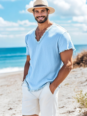 Vacation V-Neck Short Sleeve T-Shirt with Raw Edge Detail – Ships in 24 Hours