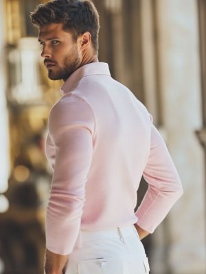 Men's Pink Long Sleeve Knit T-Shirt with Half-Open Collar – Fast 24-Hour Shipping