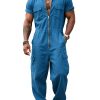Men's Blue Cotton Short-Sleeve Jumpsuit with Multi-Pockets & Zipper – Fast 24-Hour Shipping