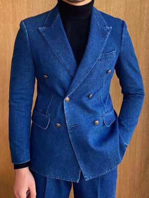 Men's Double-Breasted Denim Blazer with 3 Pockets & Notched Lapel – Fast 24-Hour Shipping