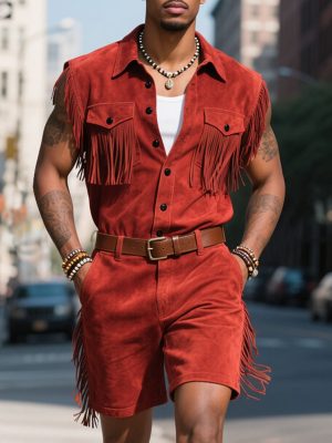 Men's Western-Style Sleeveless Suede Cropped Jumpsuit with Fringe Detail – Ships in 24 Hours