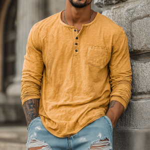 Men's Bamboo Cotton Long Sleeve T-Shirt with Henry Collar – Lightweight Casual Tee for Spring & Summer, Fast 24-Hour Shipping