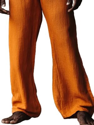 Men's Orange Cotton-Linen Wide Leg Pants - Fast 24-Hour Shipping
