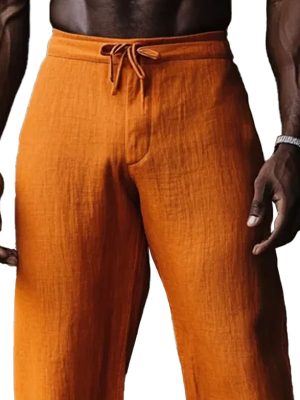 Men's Orange Cotton-Linen Wide Leg Pants - Fast 24-Hour Shipping