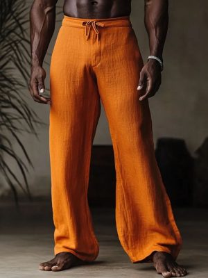 Men's Orange Cotton-Linen Wide Leg Pants - Fast 24-Hour Shipping