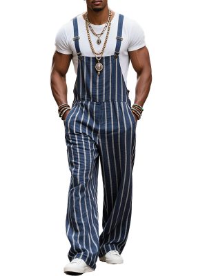 Men's Cotton Contrast Striped Loose Overalls – Fast 24-Hour Shipping