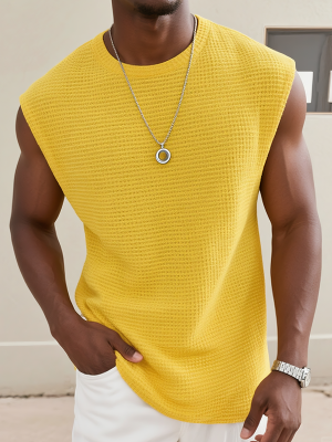 Yellow Waffle Knit Tank Top for Women – Wide Shoulder Casual Top with 24-Hour Shipping
