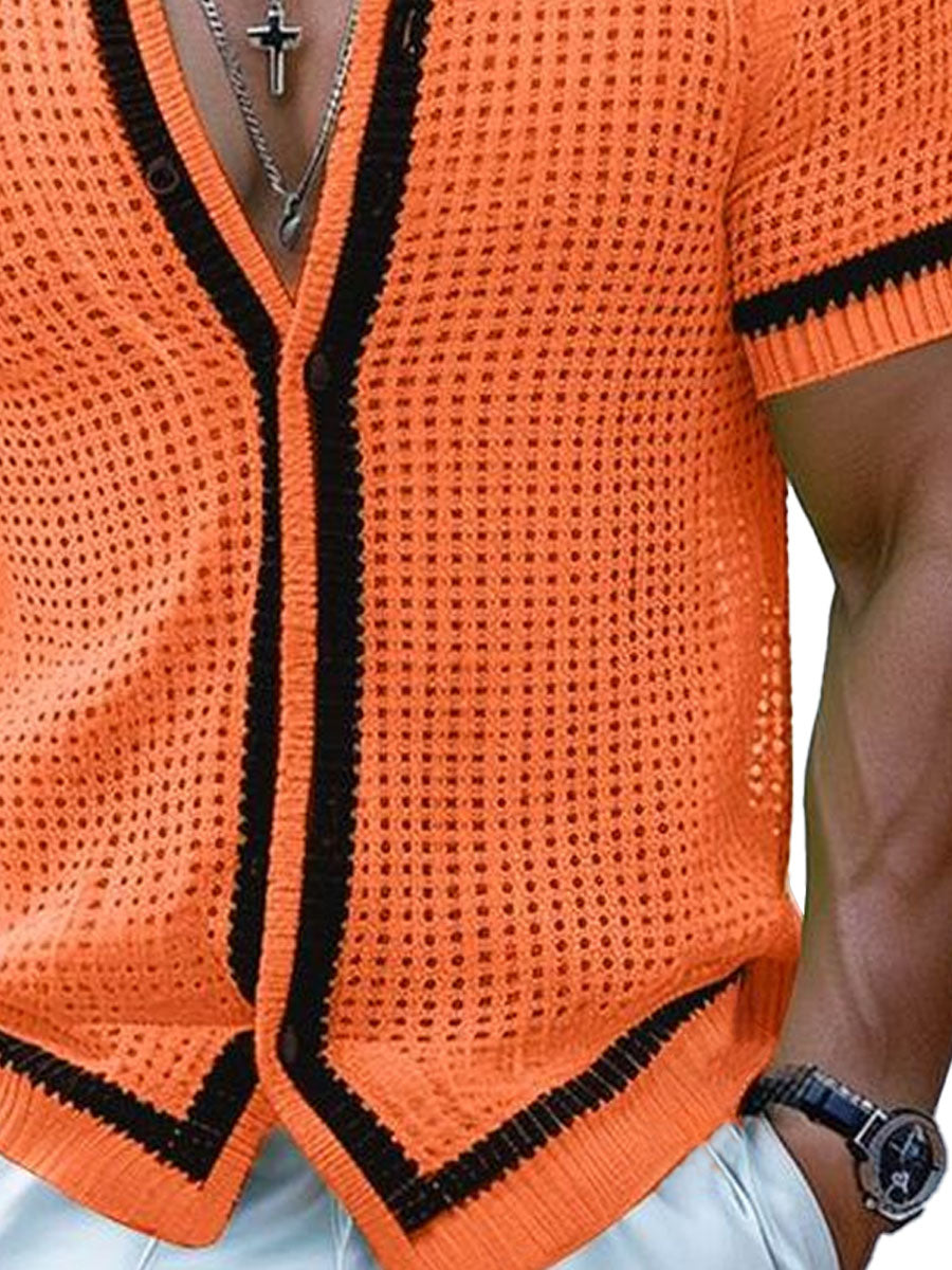 Men's Orange Black Mesh Knit Short Sleeve Shirt – Fast 24-Hour Shipping