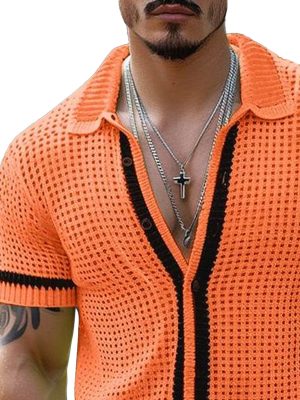 Men's Orange Black Mesh Knit Short Sleeve Shirt – Fast 24-Hour Shipping