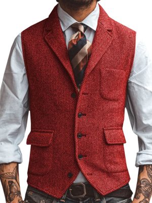 Men's Herringbone Casual Vest with 3 Front Pockets – Stylish Slim-Fit Waistcoat for Smart-Casual Outfits
