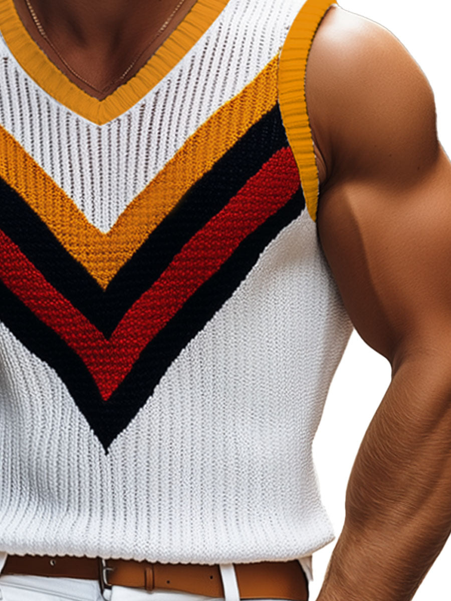Men's Colorful Contrast V-Neck Knit Tank Top – Fast 24-Hour Shipping
