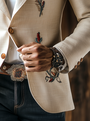 Vintage Western Embroidered Blazer – Cotton & Linen Blend – Fast 24-Hour Shipping