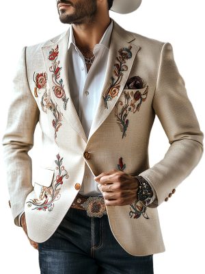 Vintage Western Embroidered Blazer – Cotton & Linen Blend – Fast 24-Hour Shipping