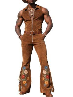 Men's Vintage Western Suede Jumpsuit with Embroidered Detail – Retro Cowboy One-Piece Outfit