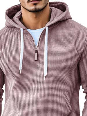 Men's Contrast Color Waffle Knit Hoodie – Soft Cotton Blend Pullover Sweatshirt