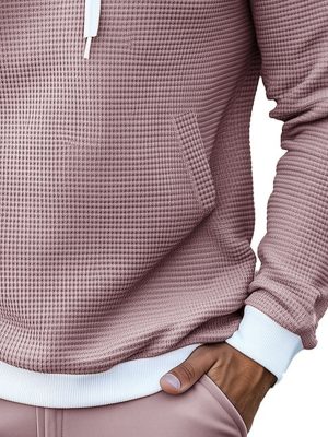 Men's Contrast Color Waffle Knit Hoodie – Soft Cotton Blend Pullover Sweatshirt