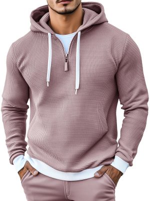 Men's Contrast Color Waffle Knit Hoodie – Soft Cotton Blend Pullover Sweatshirt