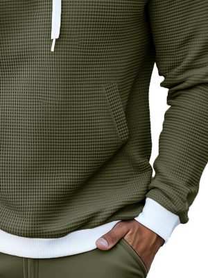 Men's Casual Contrast Color Waffle-Knit Hoodie – Soft Textured Pullover Sweatshirt