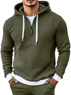 Men's Casual Contrast Color Waffle-Knit Hoodie – Soft Textured Pullover Sweatshirt