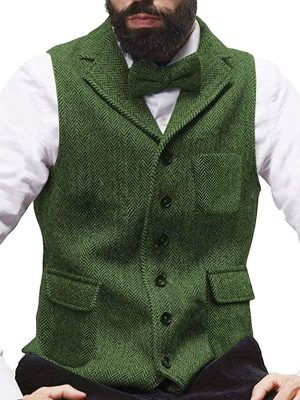 Men's Herringbone Tweed Vest – Single-Breasted Pocket Suit Waistcoat for Formal & Vintage Style