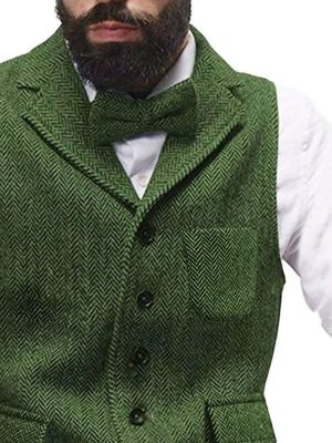 Men's Herringbone Tweed Vest – Single-Breasted Pocket Suit Waistcoat for Formal & Vintage Style
