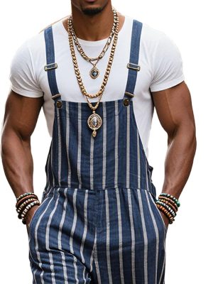 Men's Cotton Contrast Striped Loose Overalls – Fast 24-Hour Shipping