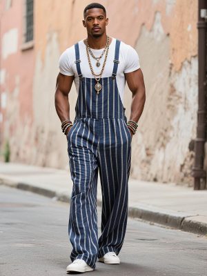 Men's Cotton Contrast Striped Loose Overalls – Fast 24-Hour Shipping