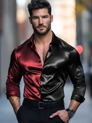 Men's Two-Tone Satin Dress Shirt with Long Sleeves – Formal & Casual Stylish Button-Down