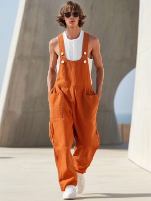 Men's Cotton-Linen Casual Jumpsuit with Multiple Pockets – Fast 24-Hour Shipping