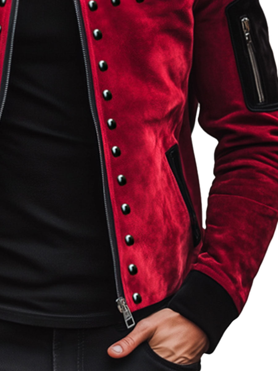 Men's Retro Suede Jacket with Contrast Stitching, Stand Collar & Rivet Detail – Ships in 24 Hours