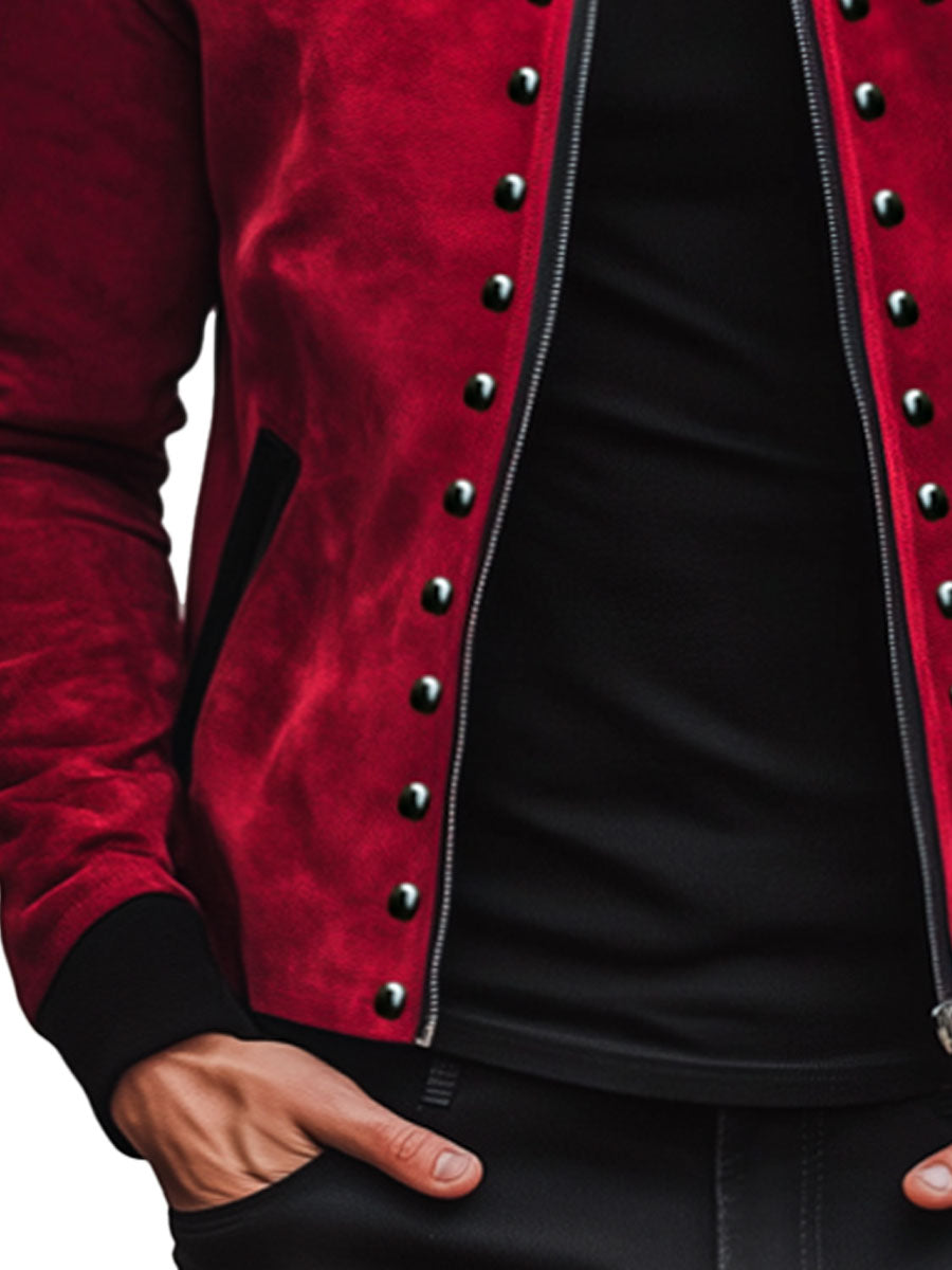 Men's Retro Suede Jacket with Contrast Stitching, Stand Collar & Rivet Detail – Ships in 24 Hours