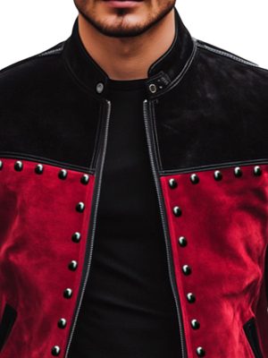 Men's Retro Suede Jacket with Contrast Stitching, Stand Collar & Rivet Detail – Ships in 24 Hours
