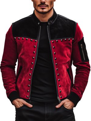 Men's Retro Suede Jacket with Contrast Stitching, Stand Collar & Rivet Detail – Ships in 24 Hours