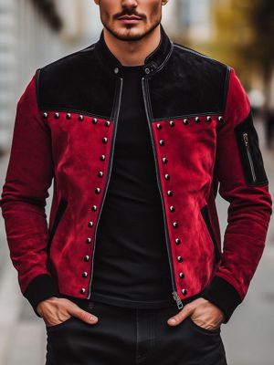 Men's Retro Suede Jacket with Contrast Stitching, Stand Collar & Rivet Detail – Ships in 24 Hours