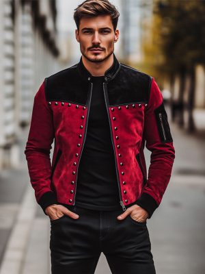 Men's Retro Suede Jacket with Contrast Stitching, Stand Collar & Rivet Detail – Ships in 24 Hours