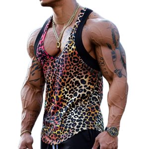 Men's U-Neck Leopard Print Tank Top – Stylish Patchwork Muscle Tee with 24-Hour Shipping