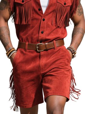 Men's Western-Style Sleeveless Suede Cropped Jumpsuit with Fringe Detail – Ships in 24 Hours