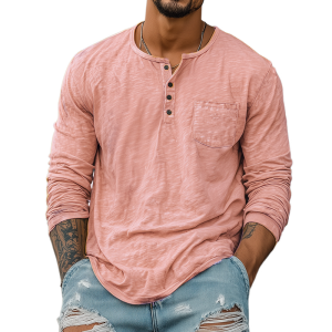Men's Bamboo Cotton Long Sleeve T-Shirt with Henry Collar – Lightweight Casual Tee for Spring & Summer, Fast 24-Hour Shipping