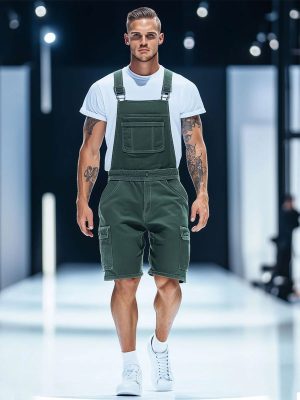 Men's Army Green Short Overalls with Multiple Pockets – Fast 24-Hour Shipping