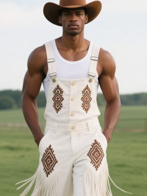 Men's Western Style Embroidered Cotton Overalls with Decorative Tassels