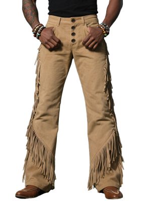 Men's Western Cotton Pants with Fringe Detail – Casual Cowboy Style Trousers