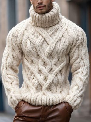 Men's Cable Knit Turtleneck Sweater – Solid Color Long Sleeve Casual Pullover with 24-Hour Shipping