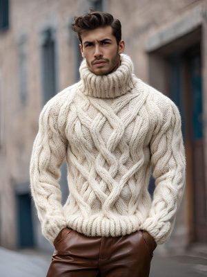 Men's Cable Knit Turtleneck Sweater – Solid Color Long Sleeve Casual Pullover with 24-Hour Shipping