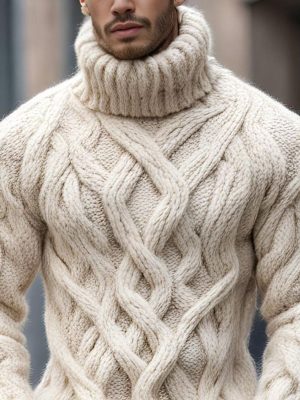 Men's Cable Knit Turtleneck Sweater – Solid Color Long Sleeve Casual Pullover with 24-Hour Shipping