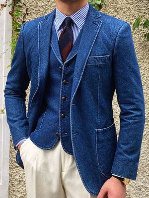 Men's Vintage Denim Blazer with Front Pockets – Solid Color Casual Jacket, Ships in 24 Hours
