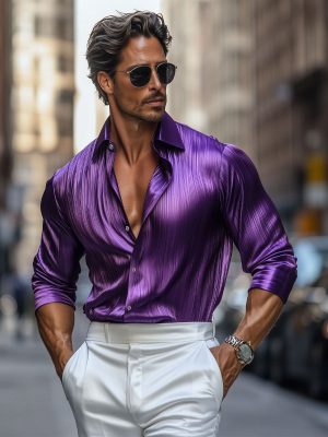 Men's Luxury Silk Long Sleeve Pleated Dress Shirt for Formal & Business Wear
