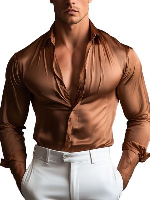 Men's Solid Satin Long Sleeve Dress Shirt – Smooth Glossy Formal Casual Button-Down Top