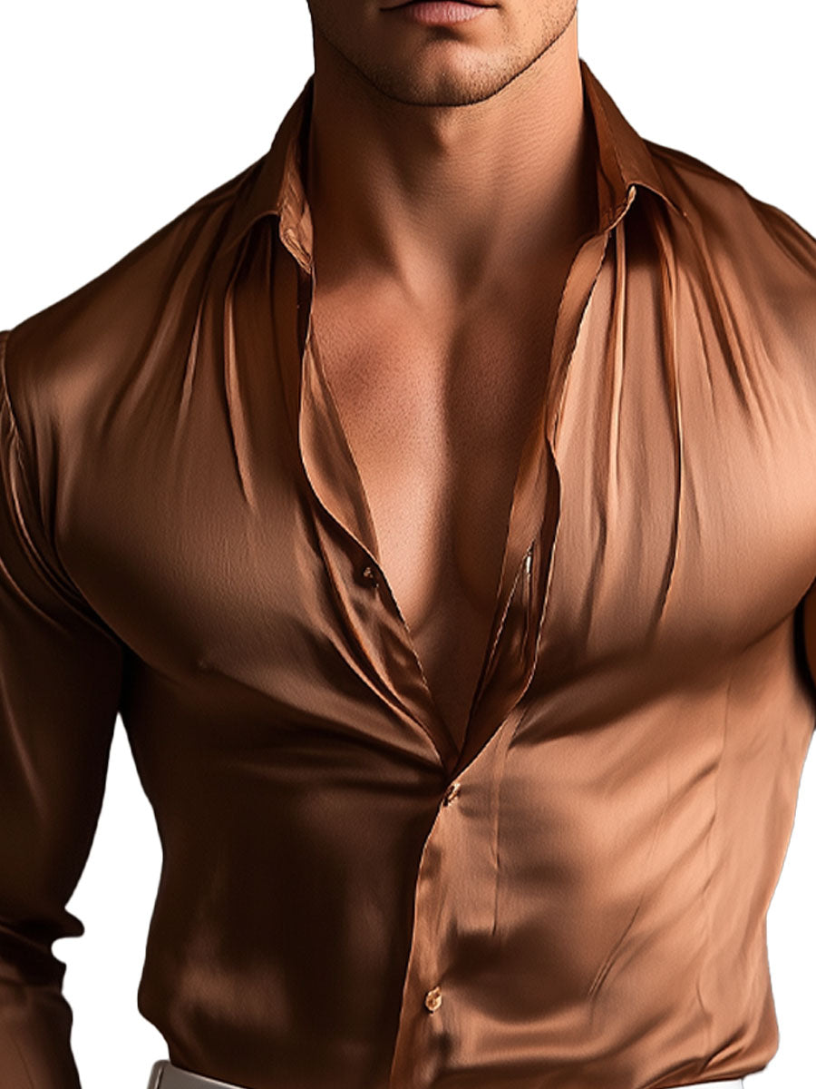 Men's Solid Satin Long Sleeve Dress Shirt – Smooth Glossy Formal Casual Button-Down Top